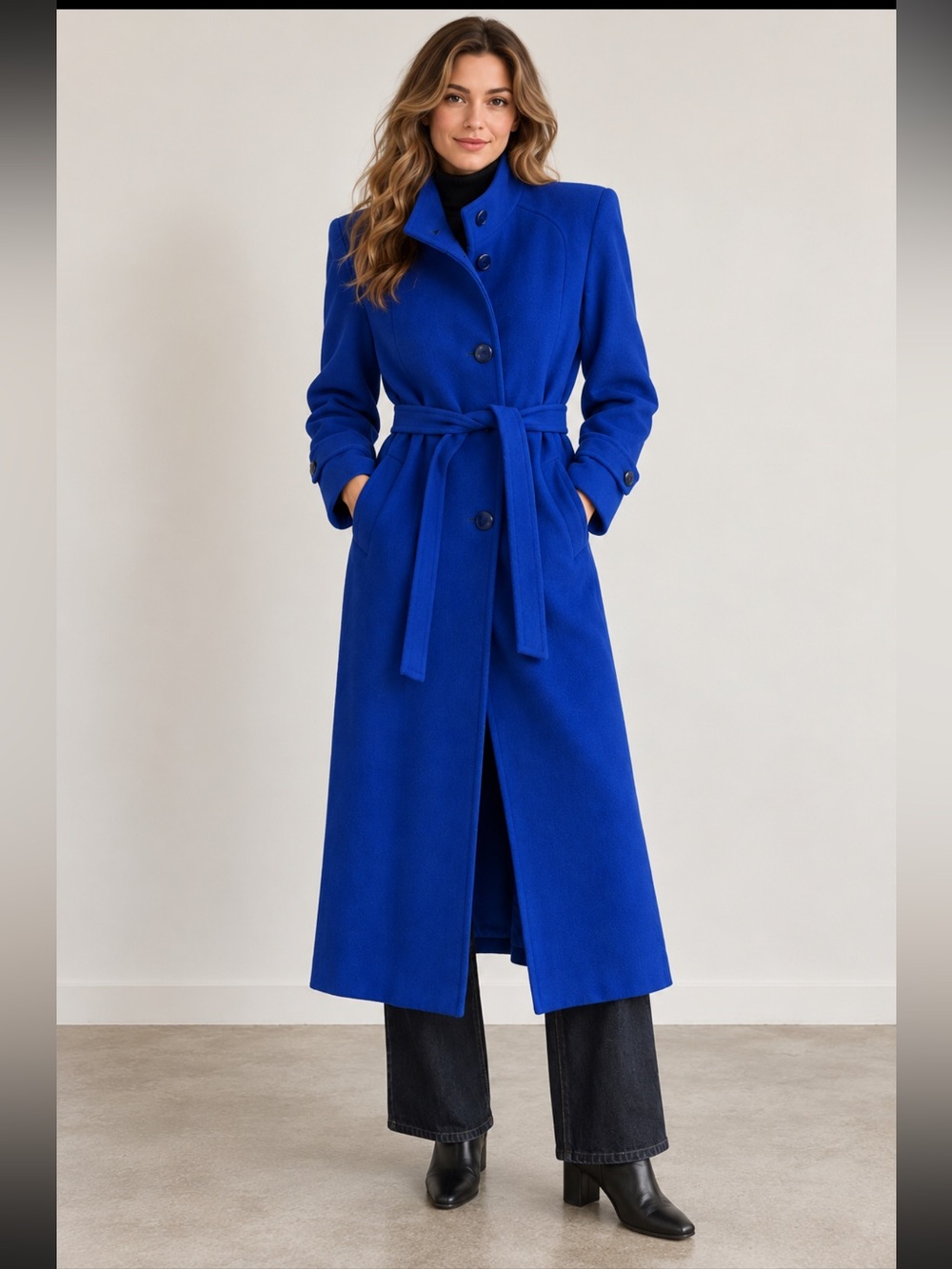 Vintage London Fog 100% Wool Royal Blue Belted Coat 14P Shoulder Pads